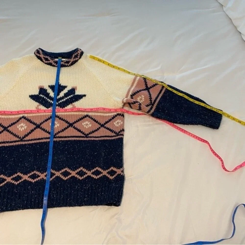 FaBE Vintage Sweater Navy Pink Cream Ski Winter Diamond Snowflake Design Size S